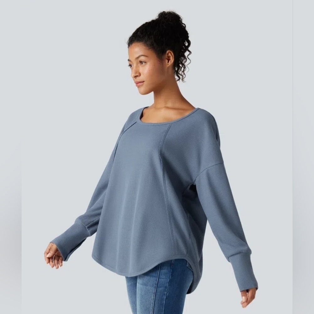 Halara Blue Scoop Neck Long Sleeve Curved Hem Relaxed Waffle Casual Top NWT